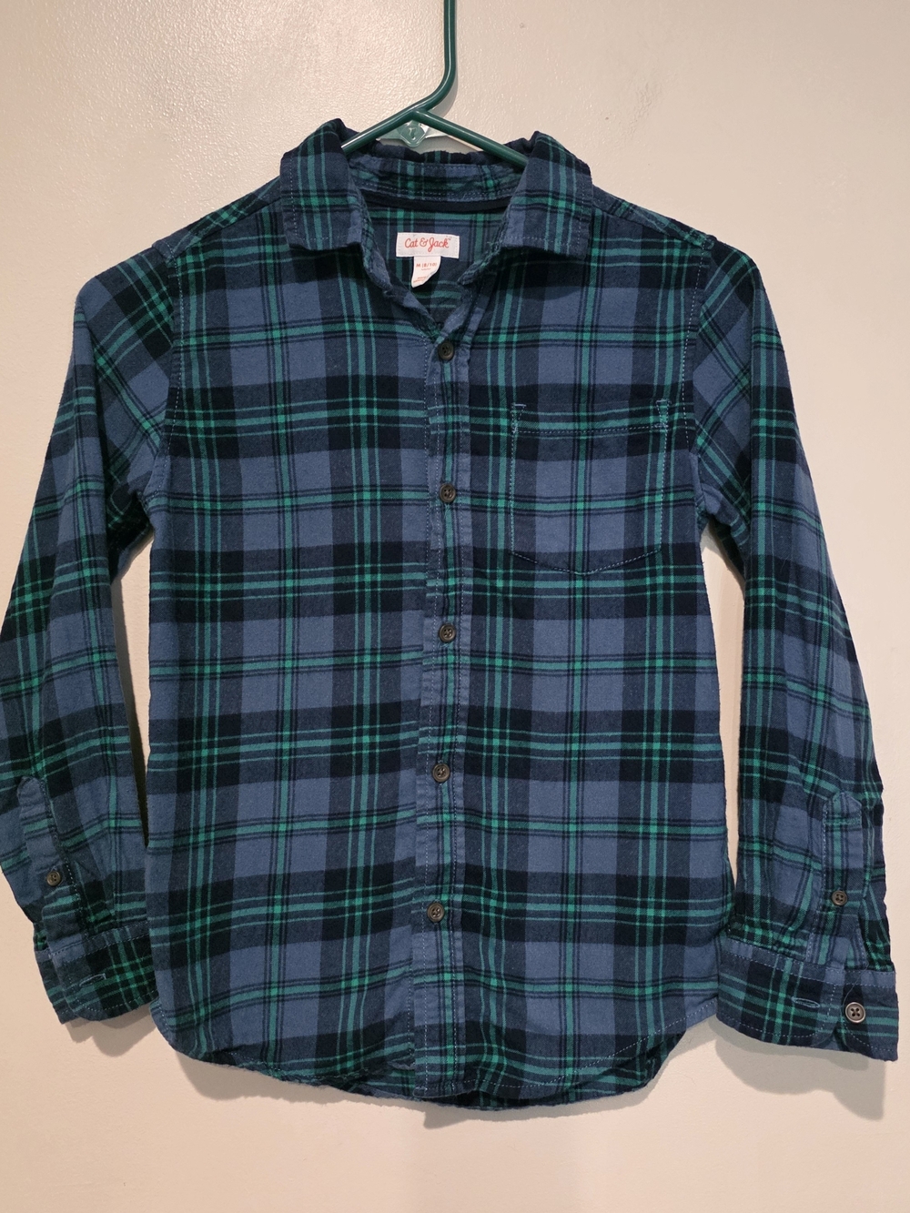 Cat & Jack Boys M Blue Green Plaid Cotton Long Sleeve Collared Button-Up Preppy